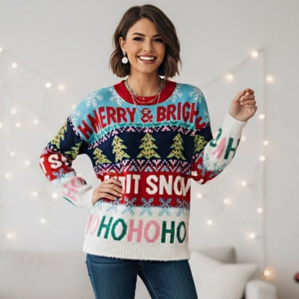 33 Degrees Ugly Christmas Sweater Merry & Bright Colorful Fuzzy Party Oversized